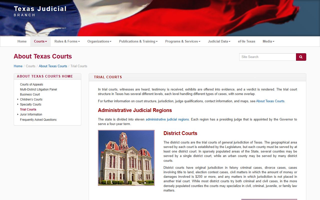 Texas Judicial Branch trial courts page covering Brazoria County District Court jurisdiction