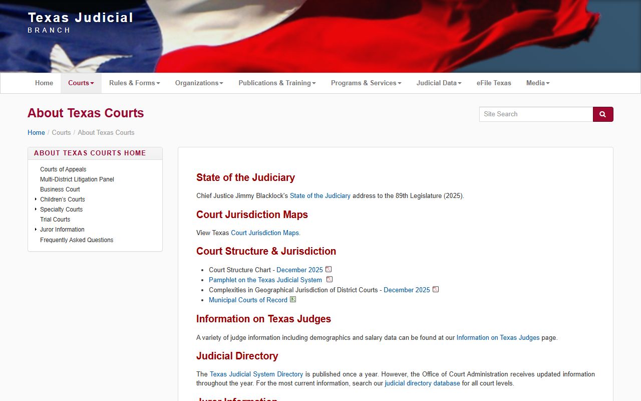 Texas Judicial Branch overview of the court structure for Brazoria County District Court cases