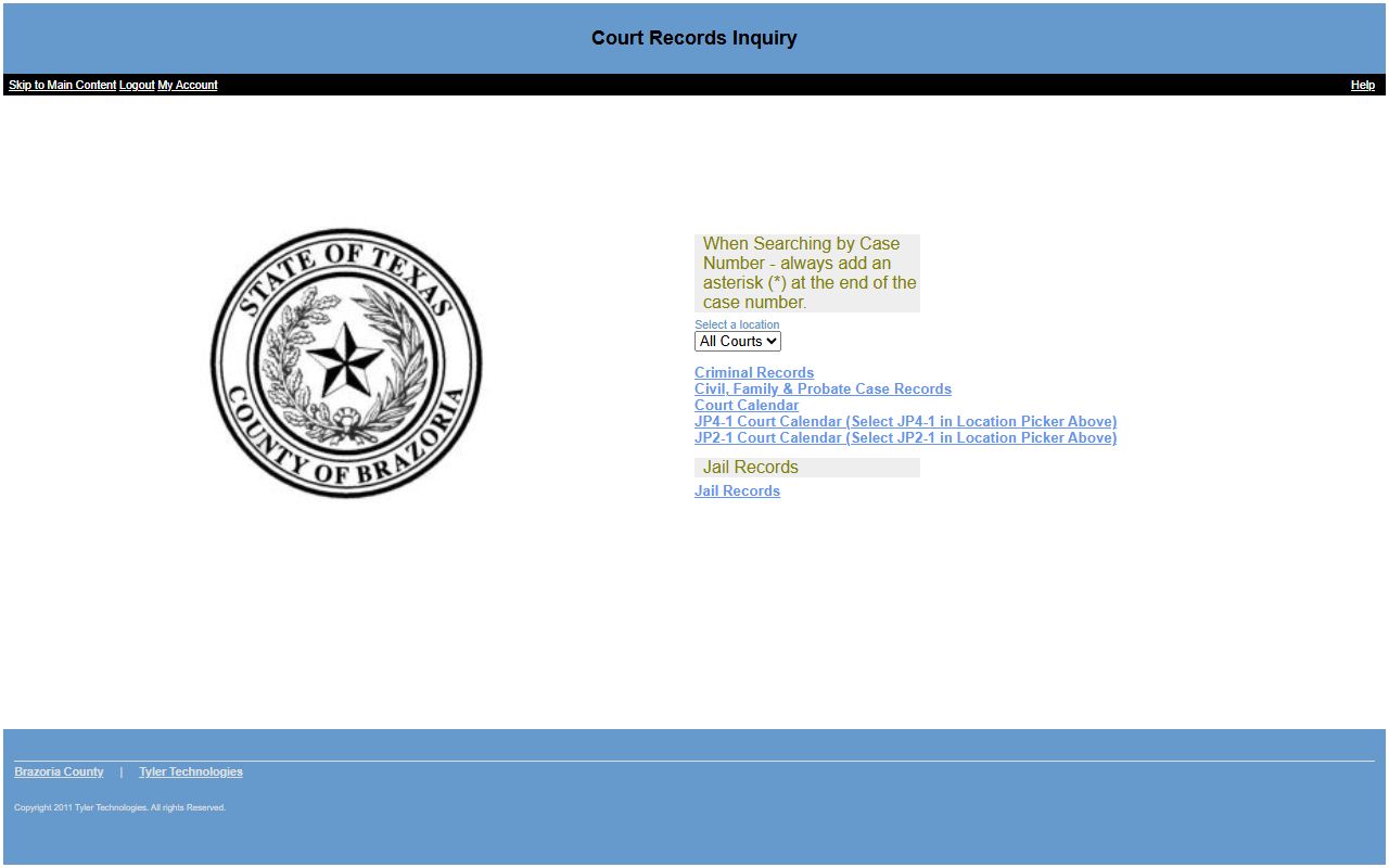 Brazoria County court records search on the Tyler PublicAccess portal home page
