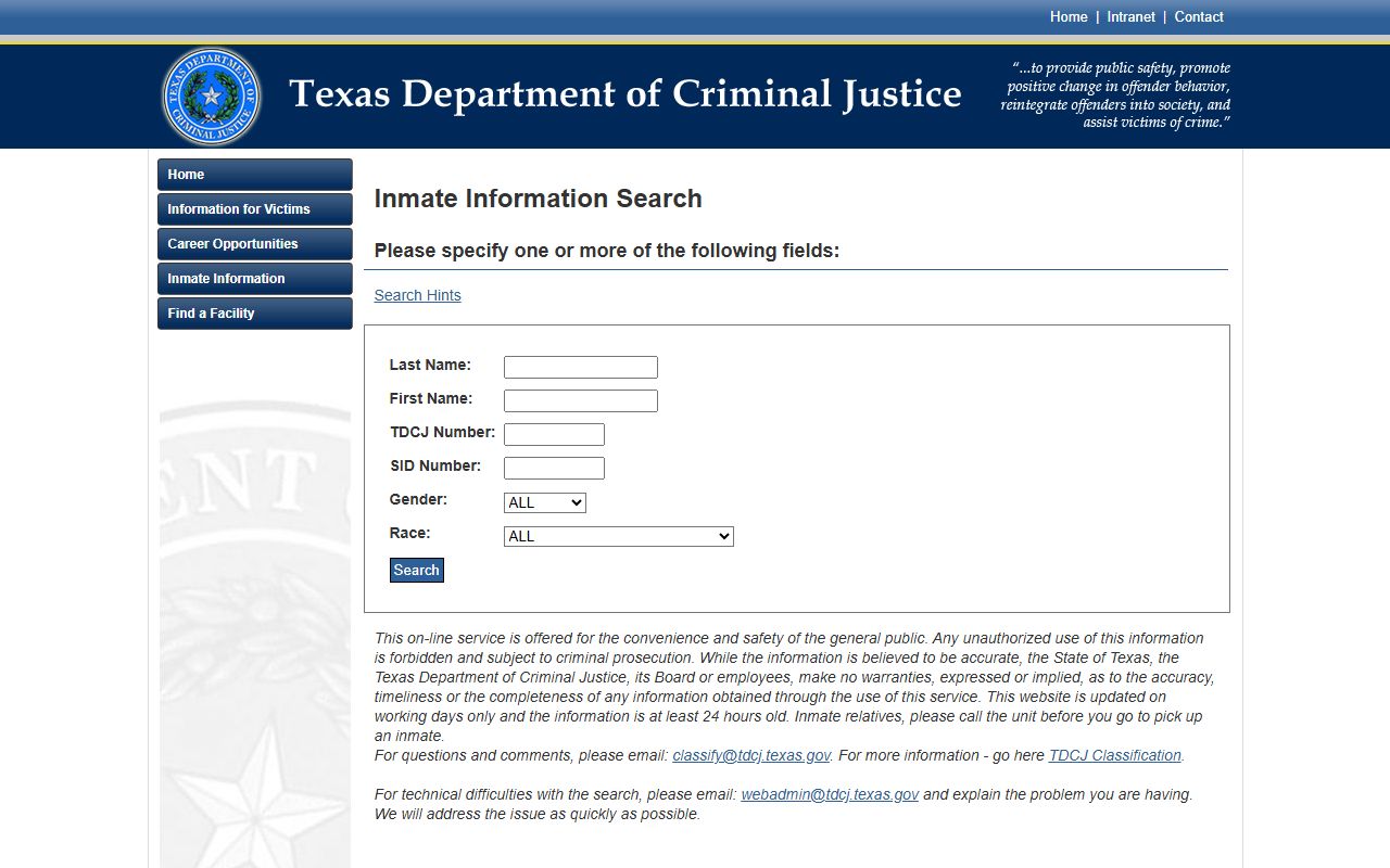 TDCJ inmate search form used to find Brazoria County inmates sent to Texas state prison