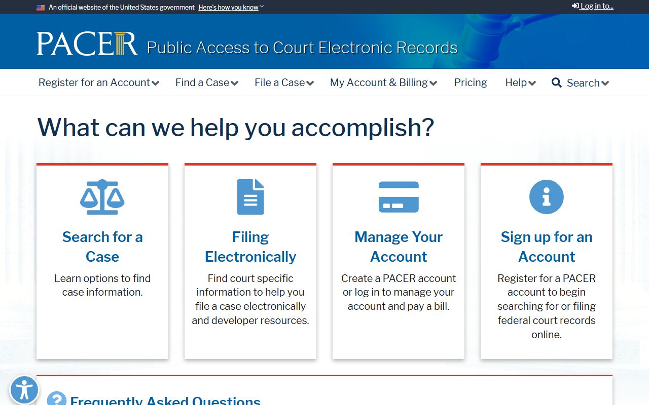 PACER federal case access registration page tied to Brazoria County federal matters