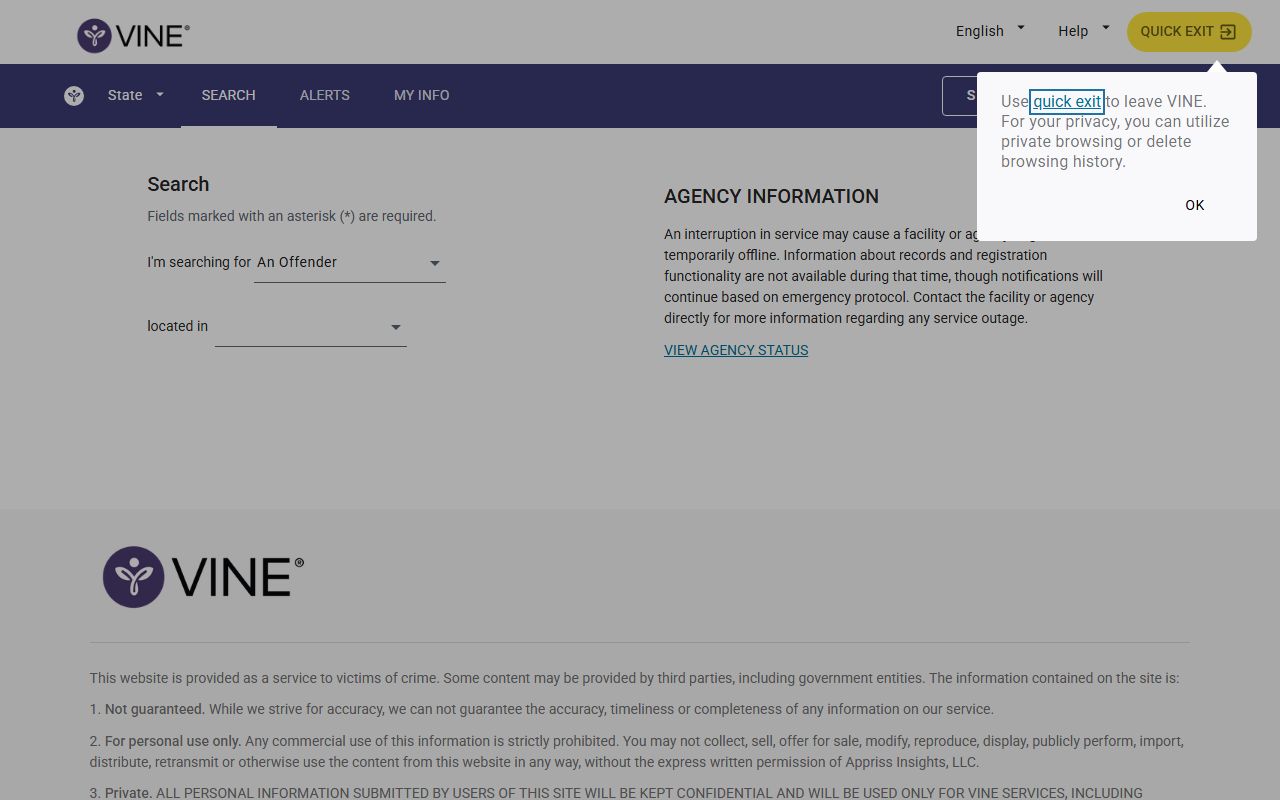 VINELink Texas offender search and release notification page for Brazoria County inmates
