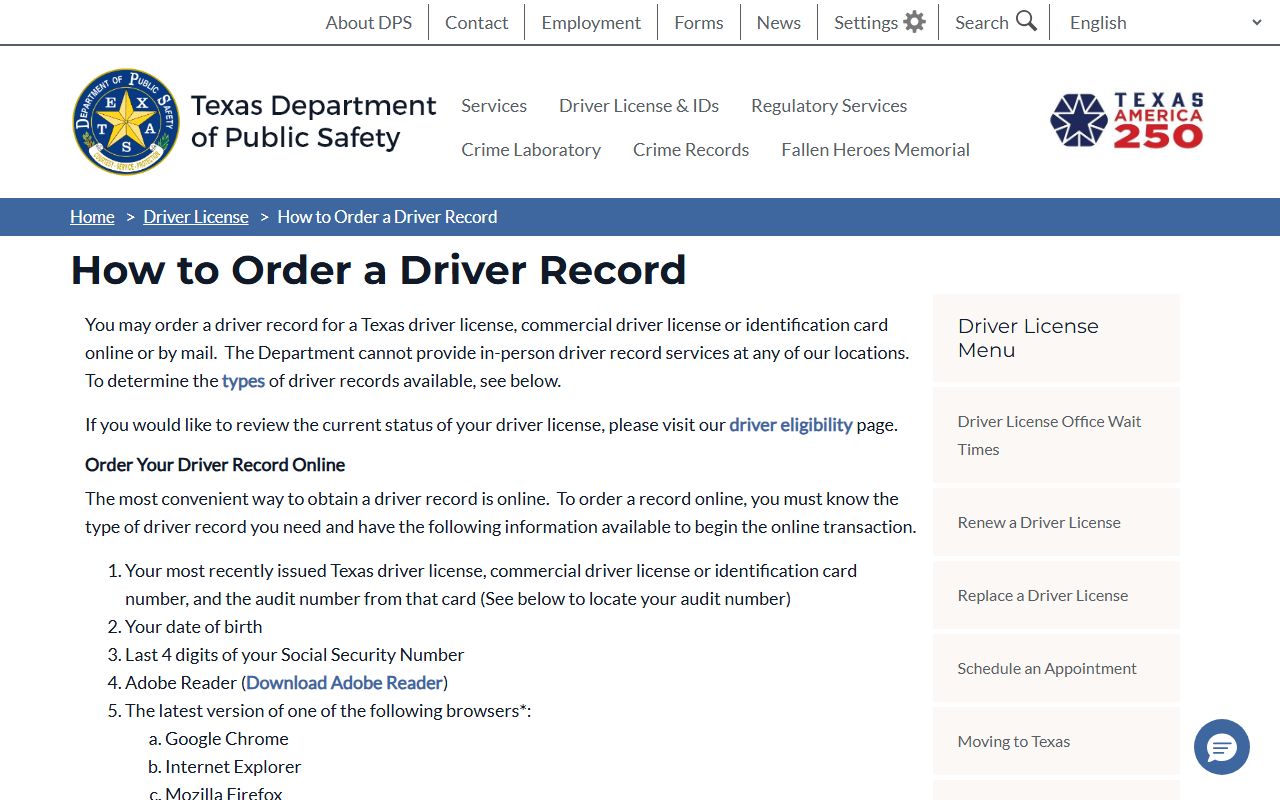Texas DPS order driver record page, separate from Brazoria County traffic court records