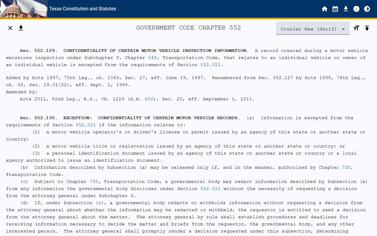 Texas Government Code Chapter 552 Section 552.130 on the statutes site for Brazoria County warrant records