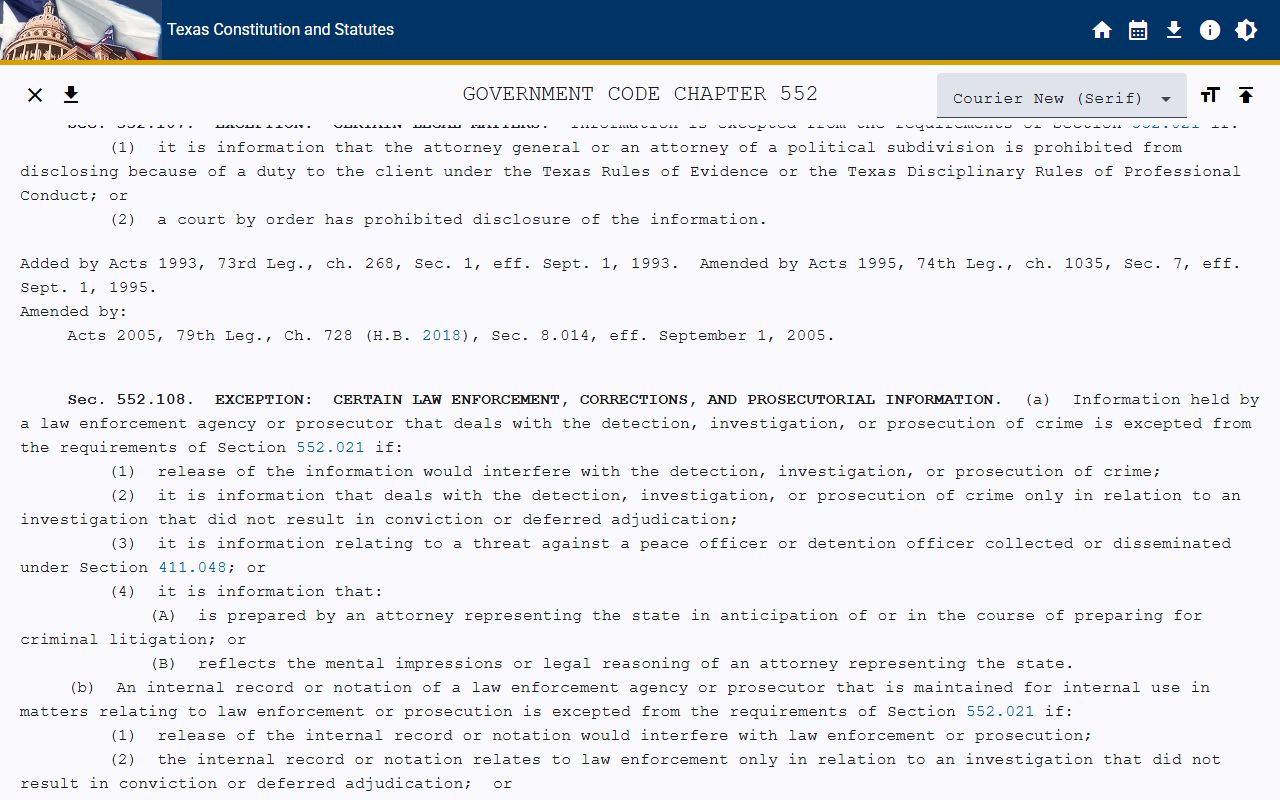 Texas Government Code Chapter 552 on the statutes site, used for Brazoria County warrant record access